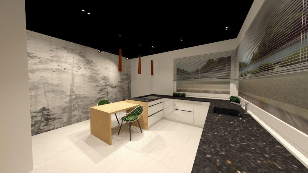 Wizualizacja 3D nowoczesnej kuchni ze stołem i krzesłami