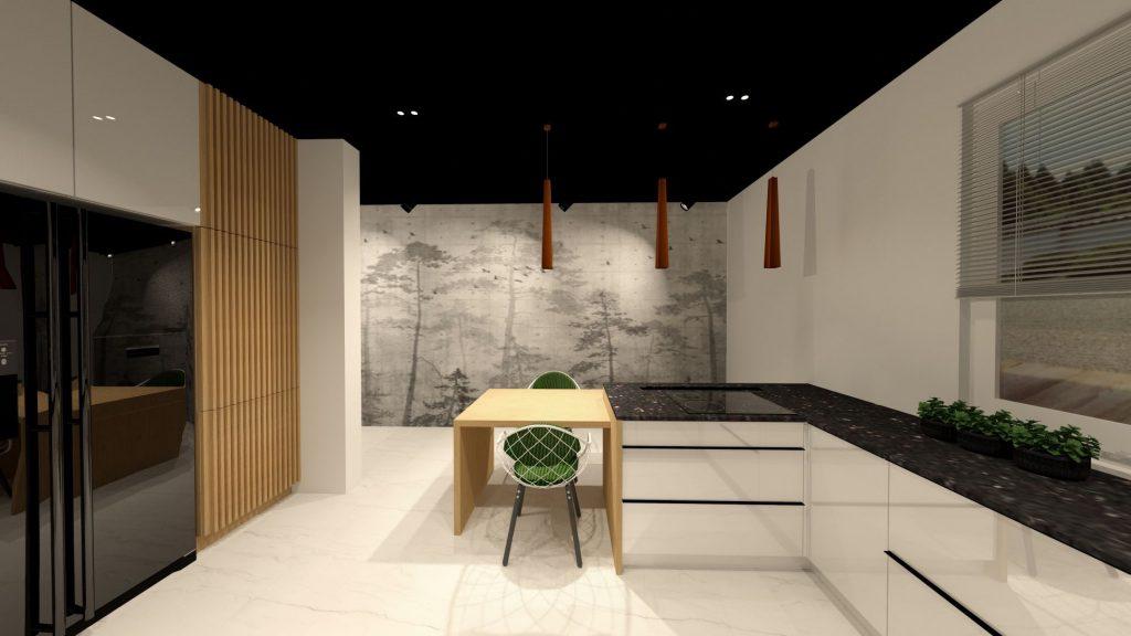 Wizualizacja 3D nowoczesnej kuchni w kształcie litery G ze stołem i krzesłami