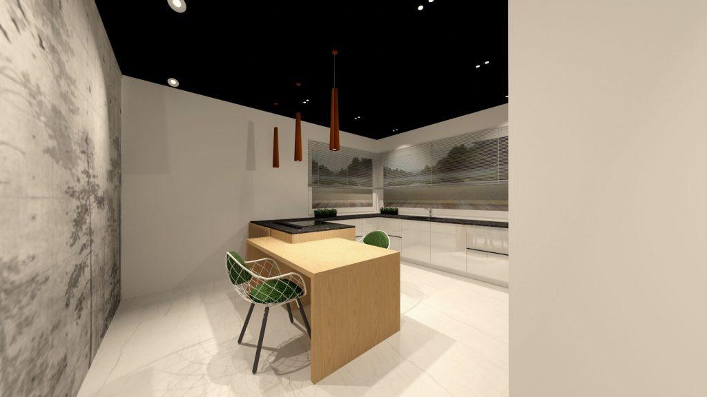 Wizualizacja 3D nowoczesnej kuchni ze stołem i krzesłami