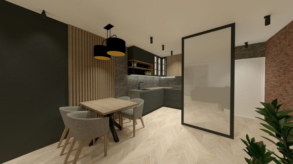Wizualizacja 3D nowoczesnej kuchni w kształcie litery U z lustrem i stołem wraz z krzesłami