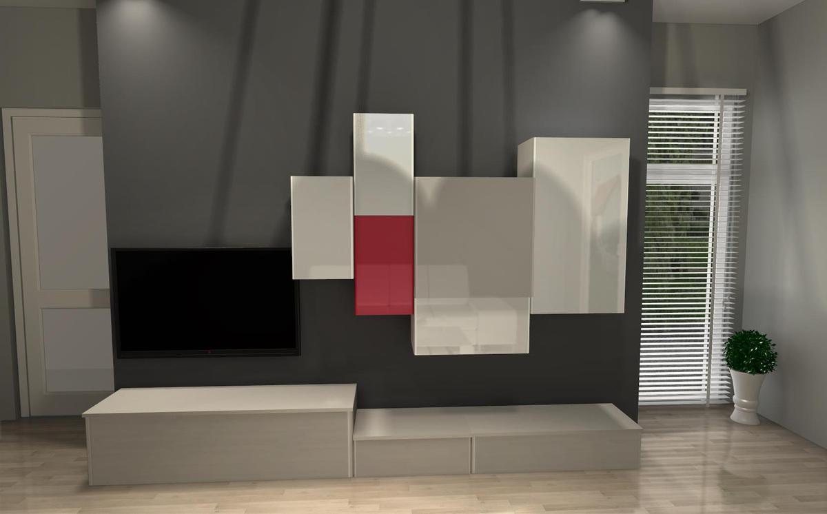 Wizualizacja 3d nowoczesnego salonu z stolikiem i meblami przy telewizorze
